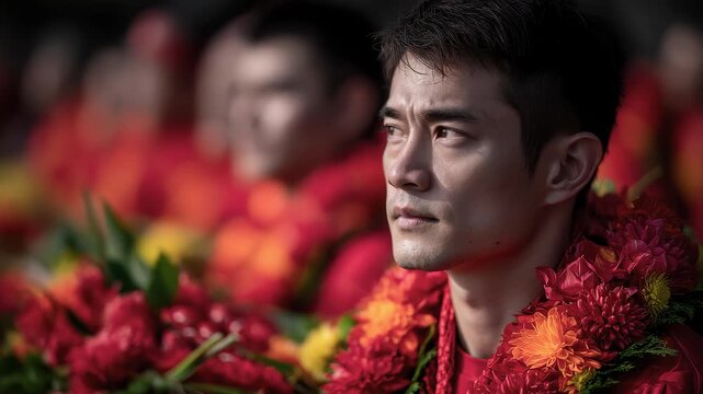 Hawaii Man Dressed in Bright Flower Leis Attending Event