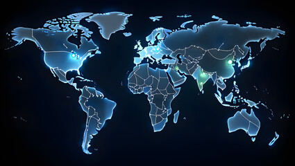 Global connectivity and digitalization illuminated world map with glowing continents and blue light