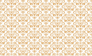 Wallpaper in the style of Baroque. White and golden floral ornament. Seamless vector background. Graphic pattern for fabric, wallpaper, packaging. Ornate Damask flower illustration