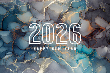 Happy new year 2026 poster. Abstract hand painted alcohol ink texture
