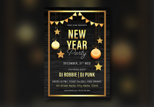 Editable New Year&rsquo;s Eve Party Flyer with Event Details with Golden Balls and Stars on Black Background. 