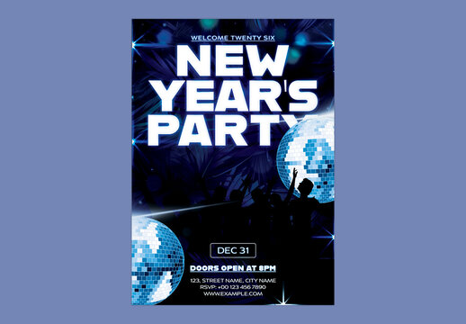 Editable New Year&rsquo;s Eve Party Flyer or Poster with Event Details and Shiny Disco Balls.