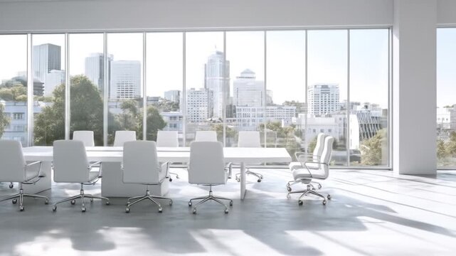 Modern professional conference room with white table, ergonomic chairs, city skyline view through expansive windows. Empty corporate office.