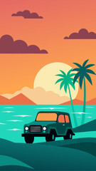 Retro style illustration of a vintage car on a tropical beach at sunset