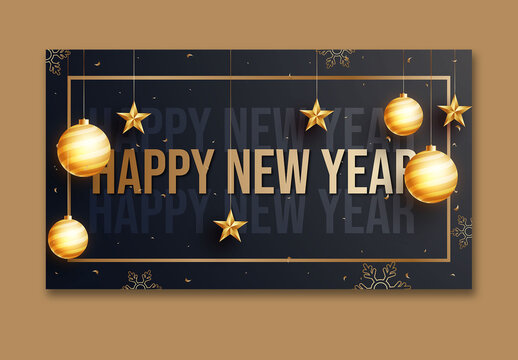 Happy New Year Celebration Banner with Baubles and Stars Hang on Black Background, Editable Design.