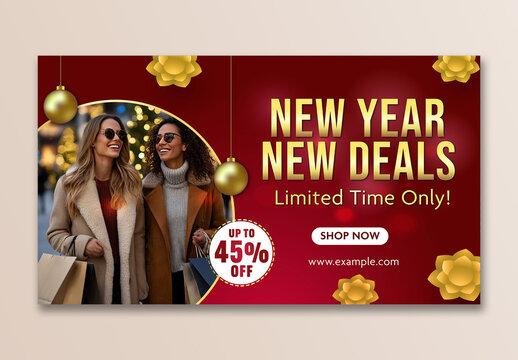 Happy New Year Celebration Banner in Black and Golden Theme with Gift Boxes.