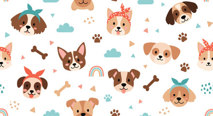 Obraz premium A whimsical pattern featuring adorable pixel art dog faces wearing colorful bandanas and accompanied by playful clouds bones and paw prints.