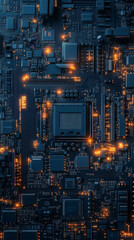 Fototapeta premium Hyperrealistic close-up of a computer motherboard showing intricate circuitry and components illuminated in dramatic light conveying high-tech innovation and precision hardware