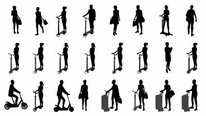 Fototapeta premium People riding electric scooters and carrying bags, an innovative transportation style silhouette set