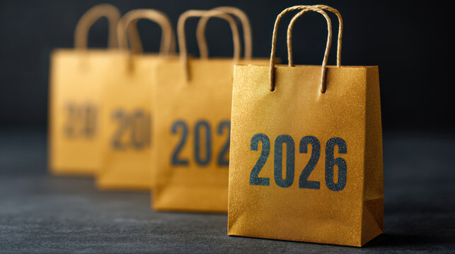 Golden paper bags with numbers 2026 in row, symbolizing future years