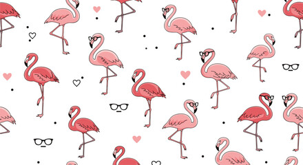 A delightful seamless pattern featuring playful pink flamingos with charming accents.