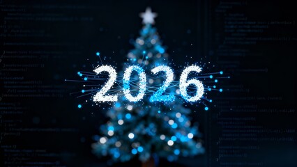year 2026 is displayed in large, illuminated blue pixels on dark digital screen, conveying modernity and technological vibes, evoking futuristic atmosphere, suggesting innovation
