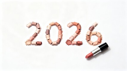 number 2026 is formed by pink and brown lipstick tubes in three-dimensional arrangement, with single red tube beside it, creating celebratory atmosphere, joyful anticipation, new beginnings