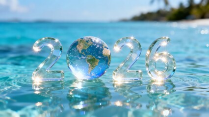 number 2026 shimmers in glass spheres on turquoise water, serene beachscape behind it, evoking joy and optimism, New Year, celebration, fresh start, potential, holiday spirit
