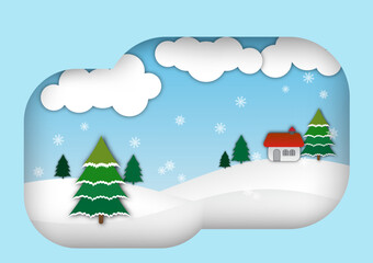 Christmas card, house on the pine tree hill when snow fall.