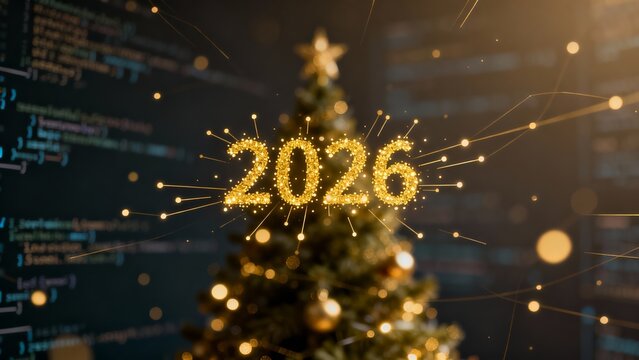 number 2026 appears in golden foil balloon font, sparkling against dark background of blurred lights and code lines, evoking excitement and anticipation