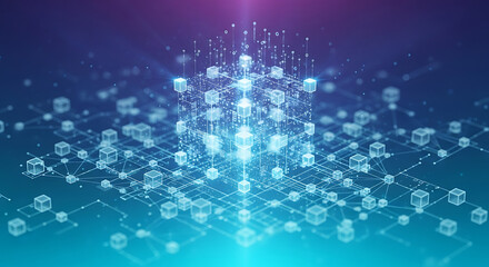 Abstract digital network with glowing cubes and connections in blue and purple