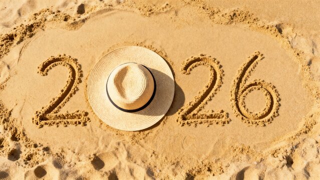 year "2026" is formed in sand, with straw hat resting on "2," creating serene and anticipatory mood, evoking coastal atmosphere., summer leisure, relaxation, optimism, future, beach days