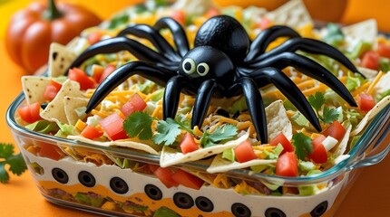 A Spooky Halloween Seven Layer Taco Dip, featuring a classic appetizer transformed into a Halloween theme with a black olive spider as the centerpiece