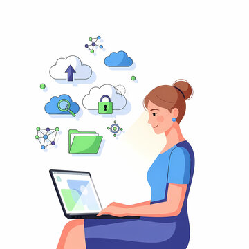 Donna che lavora al computer con icone cloud e dati che fluttuano intorno a lei.