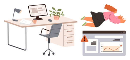 Fototapeta premium Organized office desk with computer showing alert graph, woman floating away from stress. Ideal for work-life balance, stress, productivity, multitasking, remote work, time management, simple flat