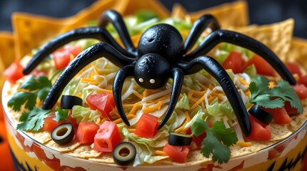 Fototapeta premium A Spooky Halloween Seven Layer Taco Dip, featuring a classic appetizer transformed into a Halloween theme with a black olive spider as the centerpiece