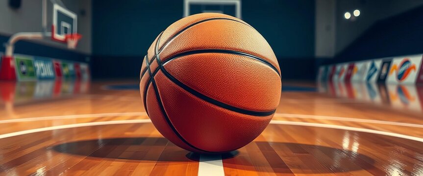 Close-up of basketball on court, game strategy lines drawn, basketball,   stadium