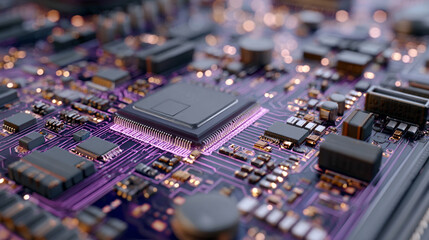 Hyperrealistic close-up of a computer motherboard showing intricate circuitry and components illuminated in dramatic light conveying high-tech innovation and precision hardware