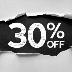 Torn paper design revealing bold text 30% OFF in capital letters and numbers on a textured background, symbolizing discount offers, promotions, sales campaigns, and retail marketing strategies