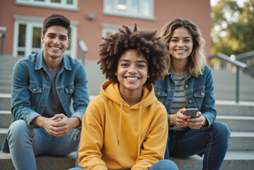 Diverse Teen Friends Relaxing on Outdoor Steps – Multiracial Youth Group with Bright Smiles for International Youth Day Celebrations, Social Media Content, and Youth Engagement Campaigns