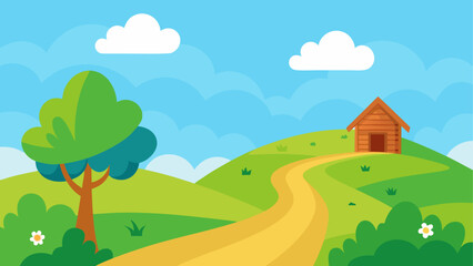 Obraz premium Cartoon landscape with a path and a small house
