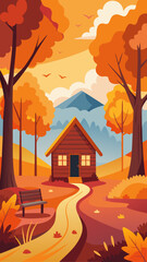 Cabin in autumn landscape with trees and mountains