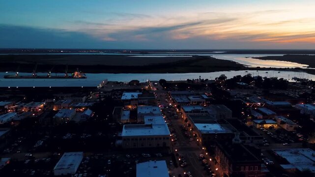 Aerial landscape of coastal wetlands summer sunset in Brunswick city southeast coast of Georgia