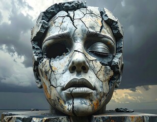 A weathered stone sculpture of a face, partially broken, against storm clouds