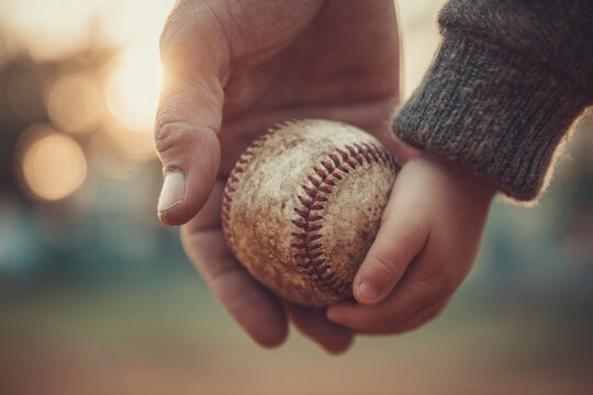 A father and son bonding moment, sharing a weathered baseball, representing teamwork and family, playing sports together outside in nature, a childhood memory.