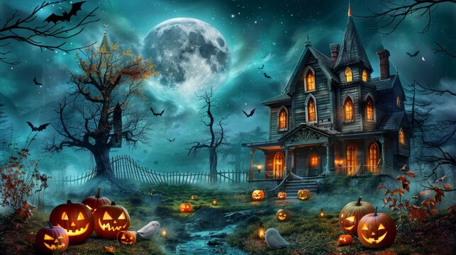 Eerie haunted house on a hill with jack o lanterns and fog under the full moonlight - Powered by Adobe