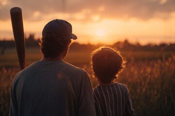 A warm sunset view of a father and son together looking towards a golden horizon, with baseball bat, father son bond, family values and shared moments.