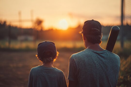 A father and son share a bonding moment watching a beautiful sunset while baseball training. Fatherhood is a special time with family that is filled with love and affection. - Powered by Adobe