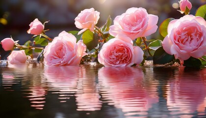 Pink Roses Reflected In Still Water A Serene And Elegant Floral Arrangement Showcasing The Beauty Of Nature S Delicate Blooms