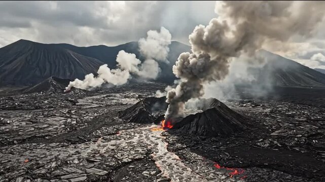 A powerful aerial panorama revealing an active volcanic
