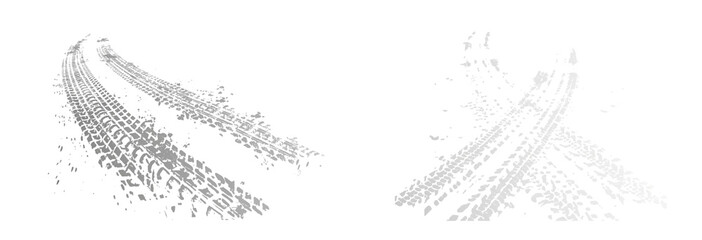 Traces of car, motorcycle tread. Curved realistic traces of tires of wheels from different types of tread vector png. Car wheels on disks.   © Iryna