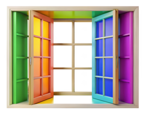 Colorful window with open shutters isolated on transparent background