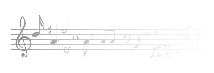 Musical notes, stave with flying notes, melody sketch with musical staff wave, comic, vector, png. Musical background for design or advertising.	
