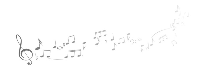 Musical notes, stave with flying notes, melody sketch with musical staff wave, comic, vector, png. Musical background for design or advertising.	
