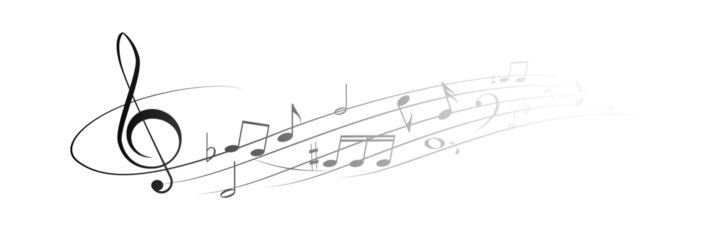 Musical notes, stave with flying notes, melody sketch with musical staff wave, comic, vector, png. Musical background for design or advertising.	
