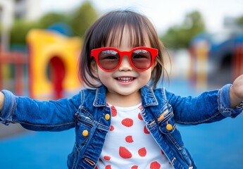 A cheerful toddler girl wearing red sunglasses and a denim jacket smiles broadly while playing outdoors