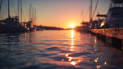 Boats reflect the sunset light as the boats and harbor silhouette against an evening sky. The water gently ripples near the boats, capturing the serene ambience of dusk.