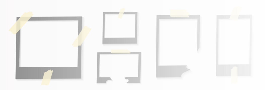 Photo frames with shadow, template background for photography, polaroid photo frames collection, vector png on transparent background. Blank photo frame mockup.