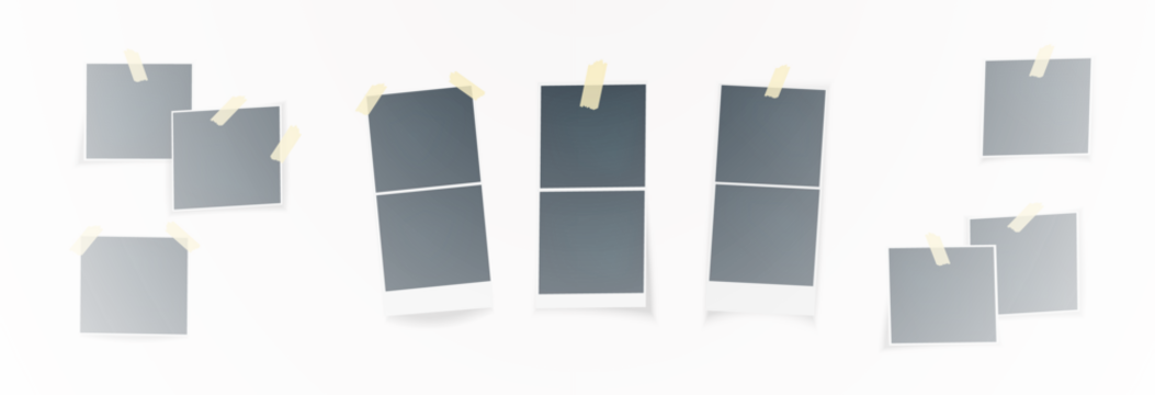 Photo frames with shadow, template background for photography, polaroid photo frames collection, vector png on transparent background. Blank photo frame mockup.