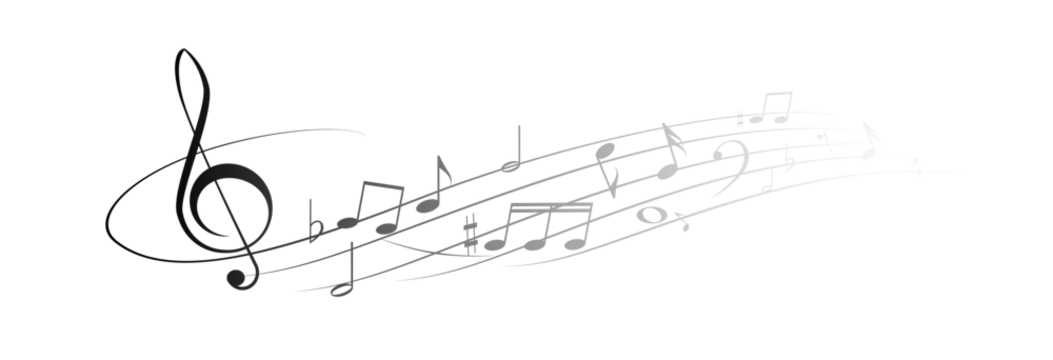 Musical notes, stave with flying notes, melody sketch with musical staff wave, comic, vector, png. Musical background for design or advertising.	
